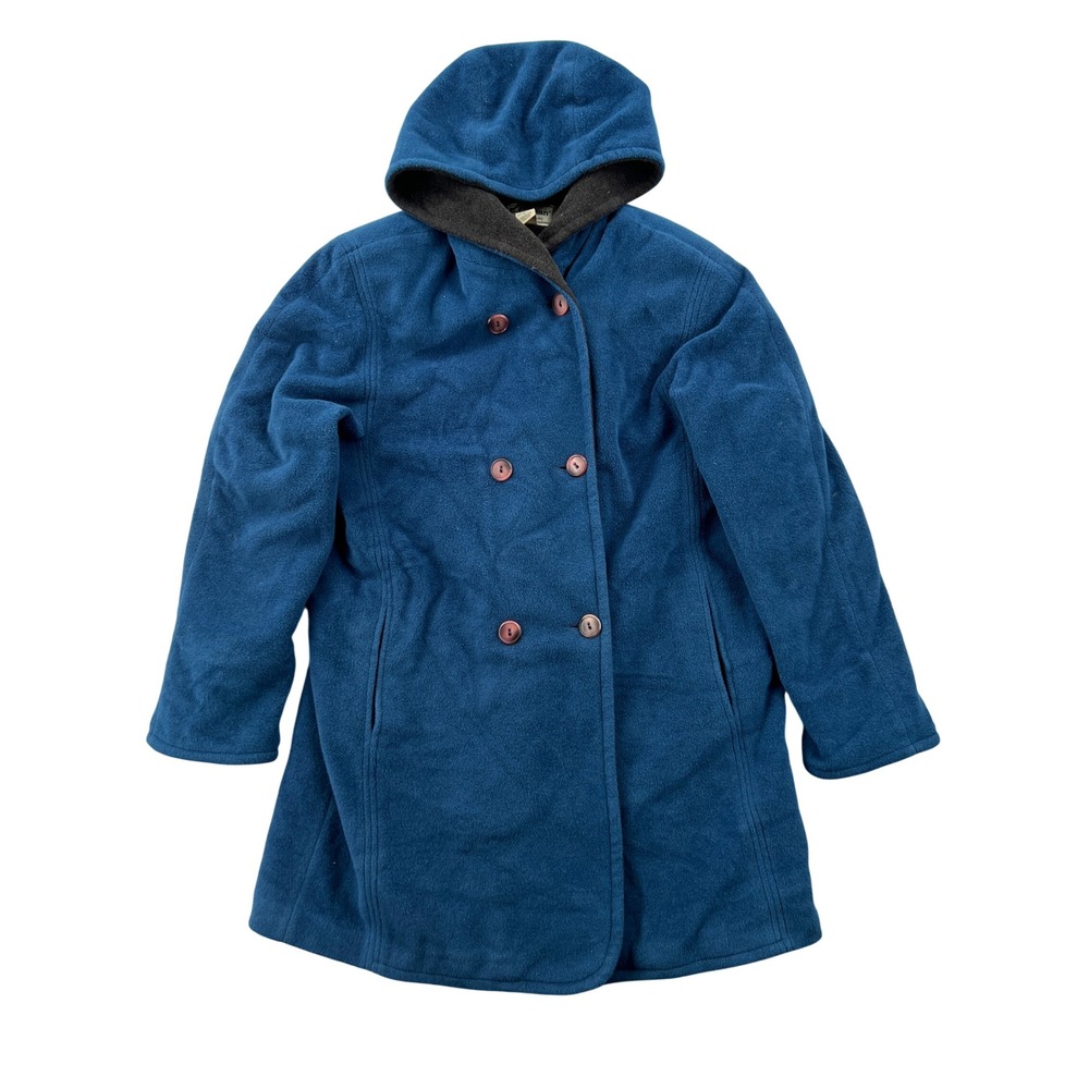 VTG 90s LL Bean Wool Hooded Coat Women Large Blue USA Made Double Breasted